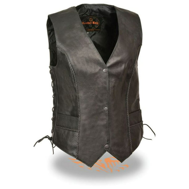 Womens Black Leather Motorcycle Vest with Braid on Front and Back Side Laces 